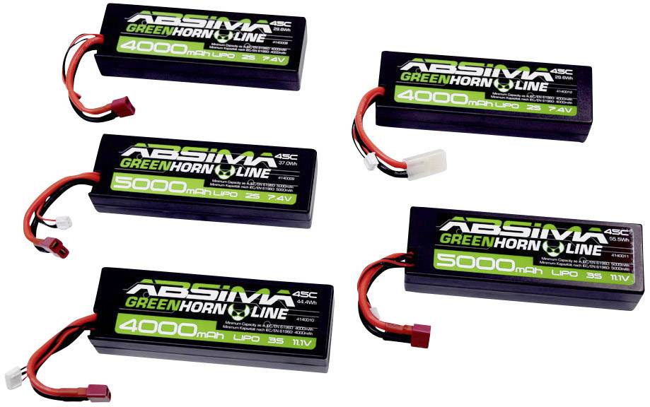 Abbildung von fünf Akkus der Marke ABSIMA Greenhorn Line. Kapazitäten: zwei mit 4000mAh 7,4V, zwei mit 5000mAh 7,4V, einer mit 4000mAh 11,1V.