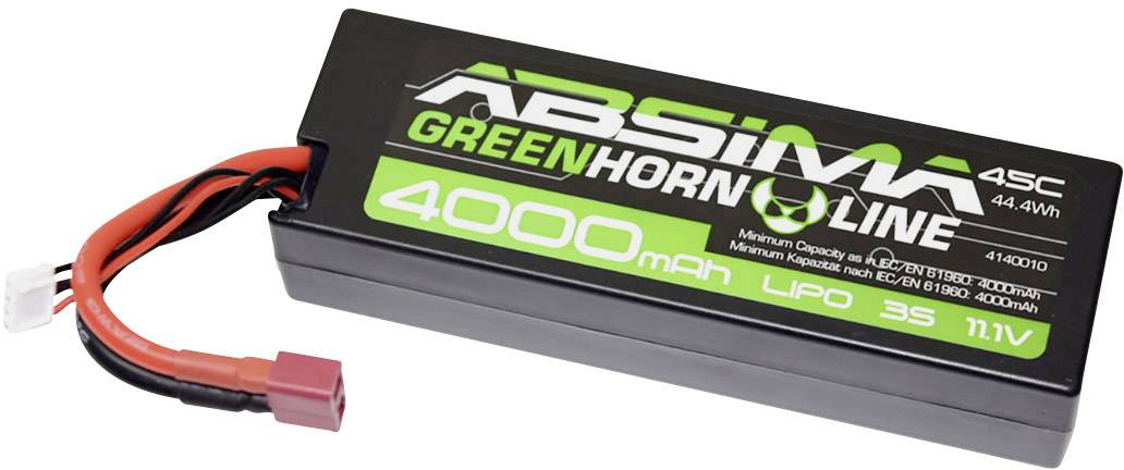 Lithium-Polymer-Akku mit der Aufschrift 'ABSiMA GREENHORN LINE' und '4000 mAh 3S 11.1V'. Schwarz mit roten und schwarzen Anschlüssen.