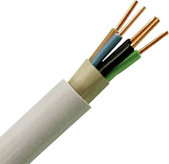 Querschnitt eines elektrischen Kabels mit vier farbigen Kupferdrähten sichtbar: braun, blau, grün-gelb und schwarz.