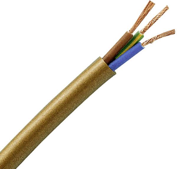 Ein braunes Elektrokabel mit vier freiliegenden Kupferdrähten in den Farben Braun, Blau, Grün/Gelb und Schwarz.