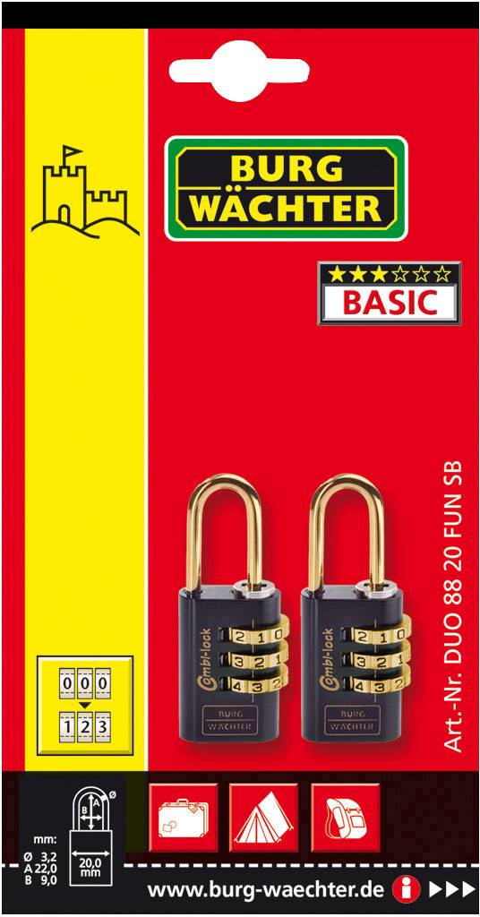 Burg Wächter 2er Set Duo 88 20 F SB Vorhängeschloss Blau, Grün, Rot, Schwarz Zahlenschloss
