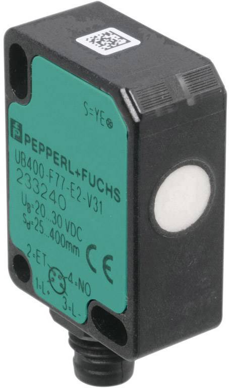 Ein rechteckiger, schwarzer Ultraschallsensor von Pepperl+Fuchs mit grüner Frontplatte, Modell UB400-F77-E2-V31, für 20-30 VDC.