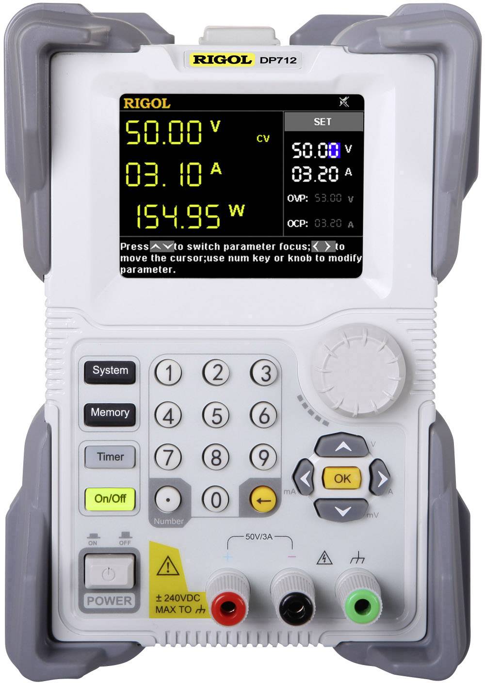 Digitales Netzteil im Messmodus zeigt Spannung '50.00 V', Strom '3.10 A', und Leistung '154.95 W'. Tastenfeld unterhalb des Displays.