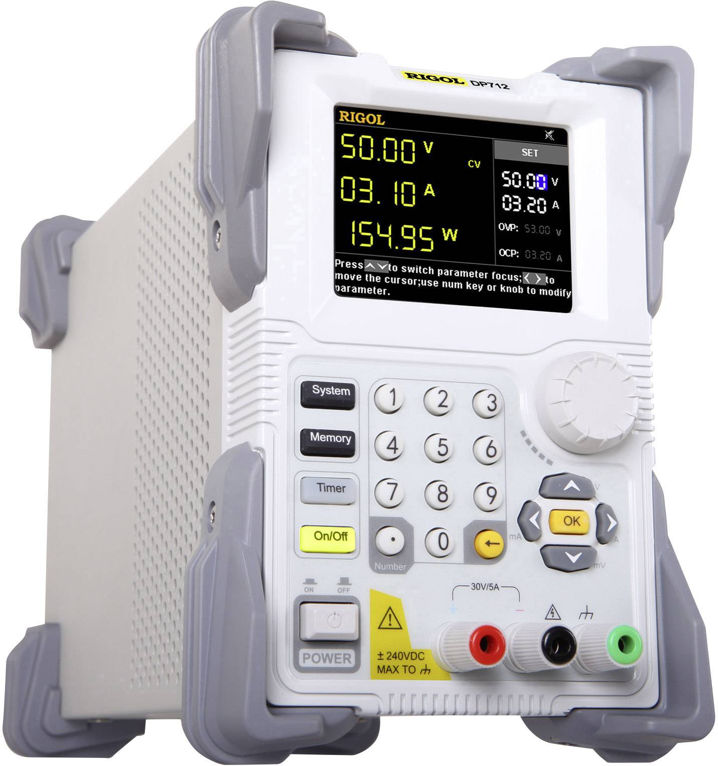 Ein Labor-Netzgerät mit digitalem Display zeigt '50.00 V', '3.10 A'. Diverse Tasten und Anschlüsse sind sichtbar. Modell: RIGOL DP712.