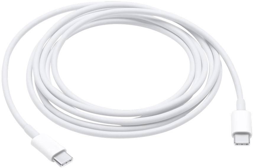 USB-C-Ladekabel in weißer Farbe, aufgerollt und mit zwei Steckern. Geeignet für Datenübertragung und Aufladen elektronischer Geräte.