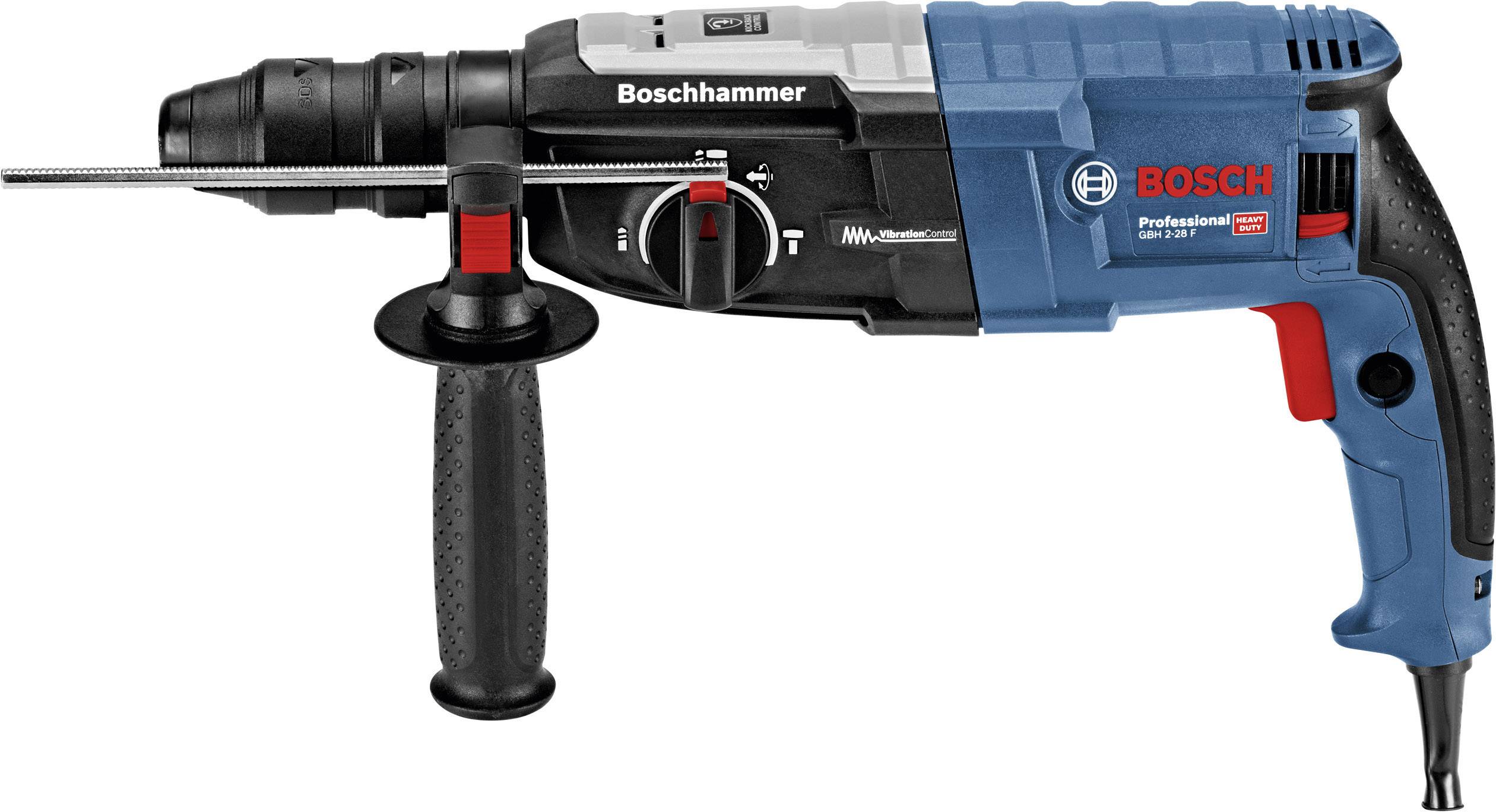 Ein blauer und schwarzer Bosch Bohrhammer mit rotem Akzent, geeignet für professionelle Anwendungen. Enthält ein vorderes Griffstück zur Stabilisierung.