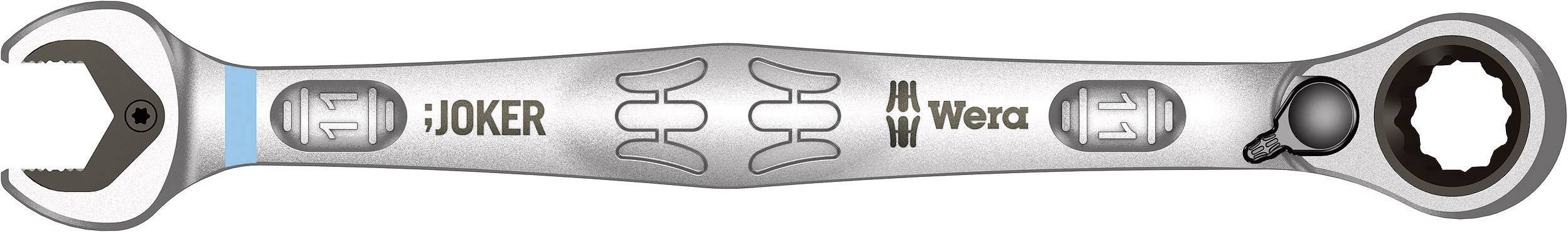 Doppelgabel-Ringschlüssel mit Ratschenmechanismus der Marke Wera Joker, in Silber mit blauen und schwarzen Akzenten, logo aufgedruckt.