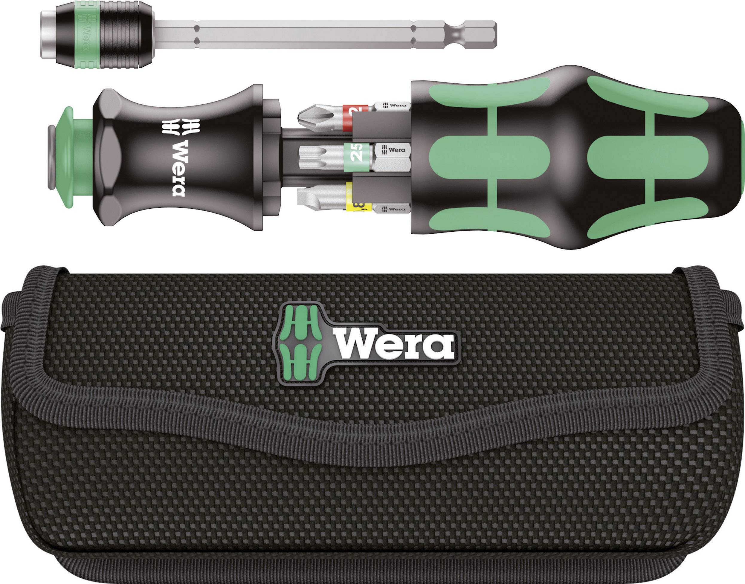 'Wera Schraubendreher-Set' mit ergonomischem Griff, Wechselklingen und Stoffetui, ideal für präzises Arbeiten. Enthält farbcodierte Bits.