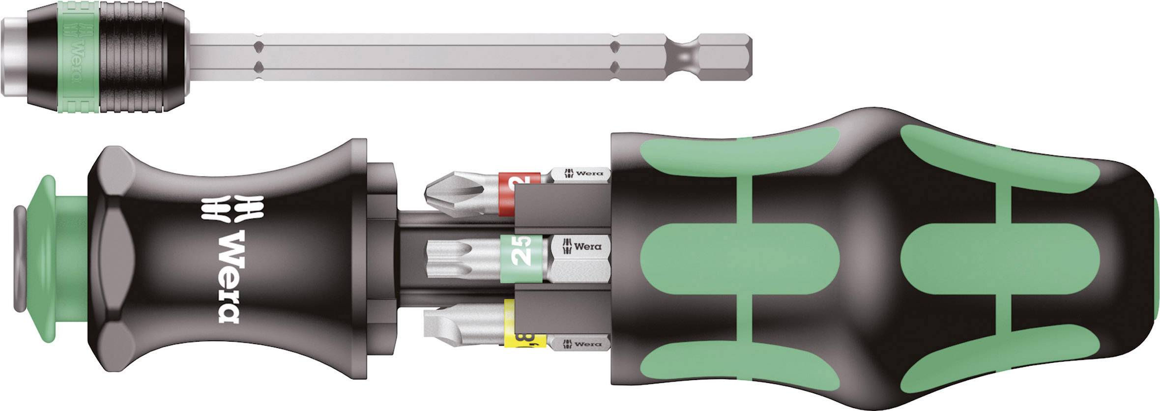Schraubendreher mit grün-schwarzem Griff und auswechselbaren Bits. Ein Bit-Halter zur flexiblen Bit-Aufbewahrung ist integriert.