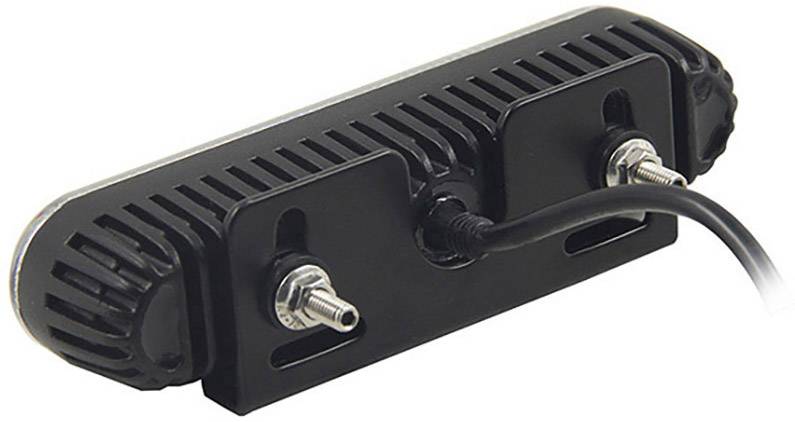 Schwarze LED-Leuchte mit Kühlrippen, Kabel und zwei Befestigungsschrauben, geeignet für die Montage an Fahrzeugen oder Maschinen.