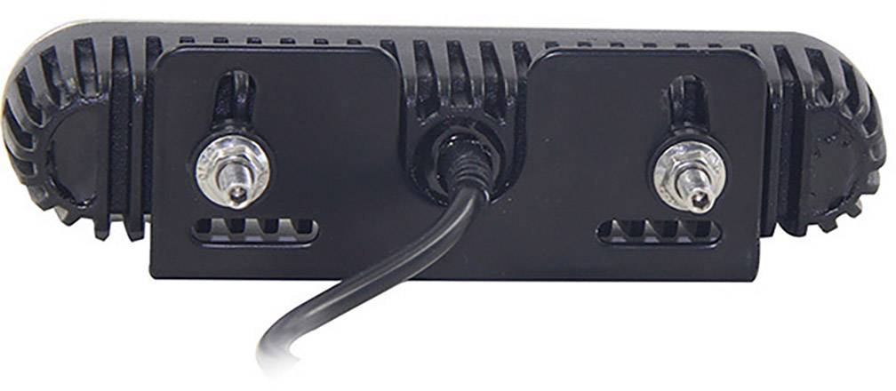 Rückansicht eines rechteckigen, schwarzen LED-Leuchtstreifens, montiert mit zwei Schrauben und einem Stromkabel in der Mitte.