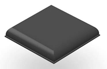 Ein quadratisches, schwarzes Objekt mit abgerundeten Kanten, vermutlich eine Taste oder ein Knopf, auf weißem Hintergrund.