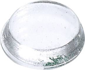 Ein kleiner, transparenter Kontaktlinsen-Behälterdeckel, gefüllt mit klarer Flüssigkeit, auf einer weißen Oberfläche gelegen.