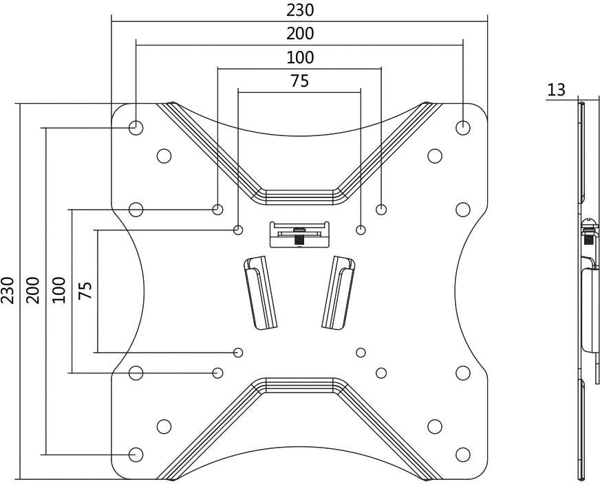 Technische Zeichnung einer VESA-Halterung mit Abmessungen: 230x230 mm mit Montagebohrungen bei 75 mm und 100 mm Abstand. Profilansicht zeigt 13 mm Dicke.