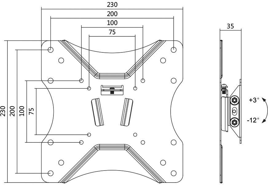 Technische Zeichnung einer universellen Monitorhalterung mit Abmessungen: 230x200mm, Tiefe 35mm. Neigung verstellbar von +3° bis -12°.