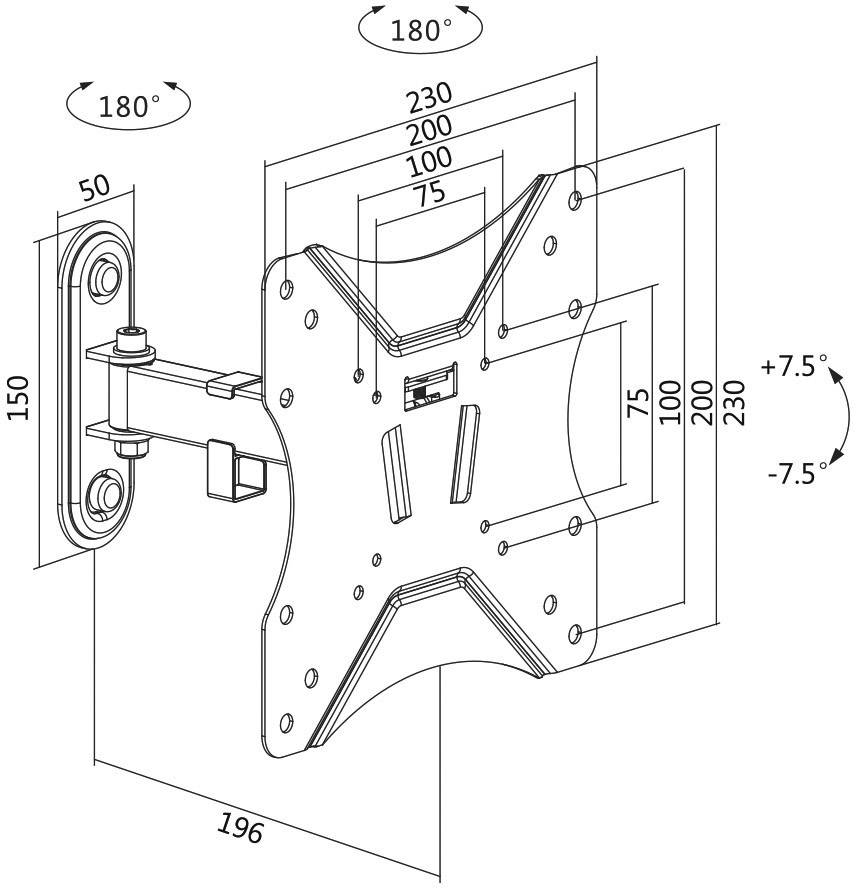 Montageanleitung für einen schwenkbaren TV-Wandhalter: Maße 230x230 mm, Schwenkbereich 180°, Neigung ±7,5°, Abstand zur Wand 196 mm.