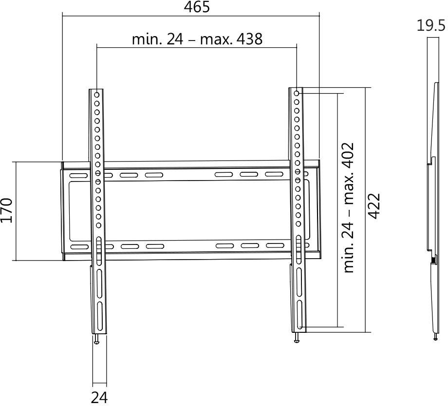 Wandhalterung für TV-Geräte, Abmessungen: Breite 465 mm, Höhe 422 mm, minimale Befestigungsbreite 24 mm, maximale 438 mm.
