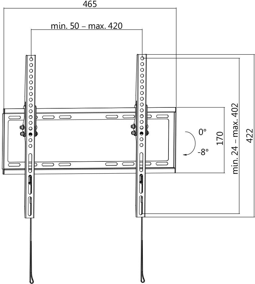 Skizze einer Wandhalterung für einen Fernseher, Maße angegeben: Breite 465 mm, Mindestabstand zur Wand 50-420 mm, Neigung 0° bis -8°.