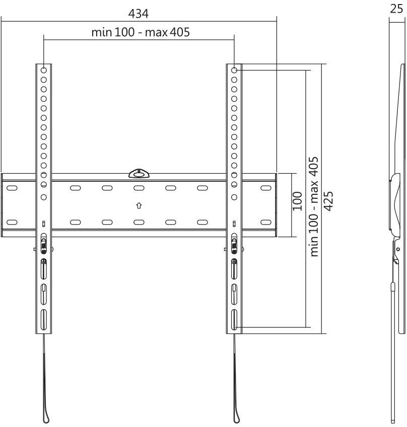 Wandhalterung für TV-Montage, Maße: Breite 434 mm, Höhe verstellbar von 100 bis 405 mm. Seitenansicht zeigt Tiefe von 25 mm.