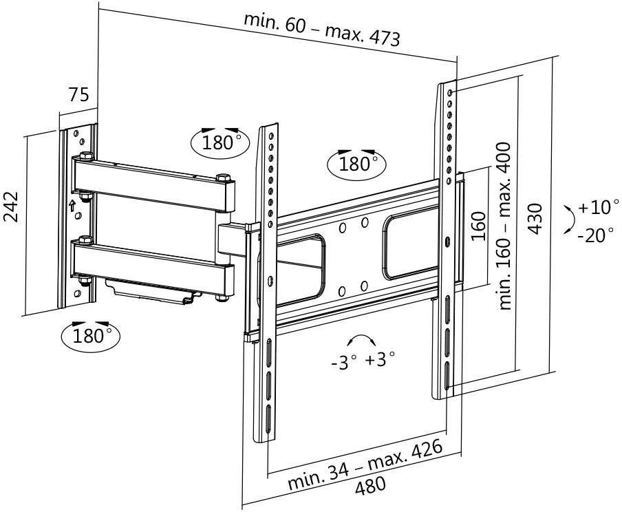Diagramm einer schwenkbaren TV-Wandhalterung. Zeigt Maße, Schwenkwinkel von 180°, Neigungswinkel von -10° bis +10° und Längenanpassung.