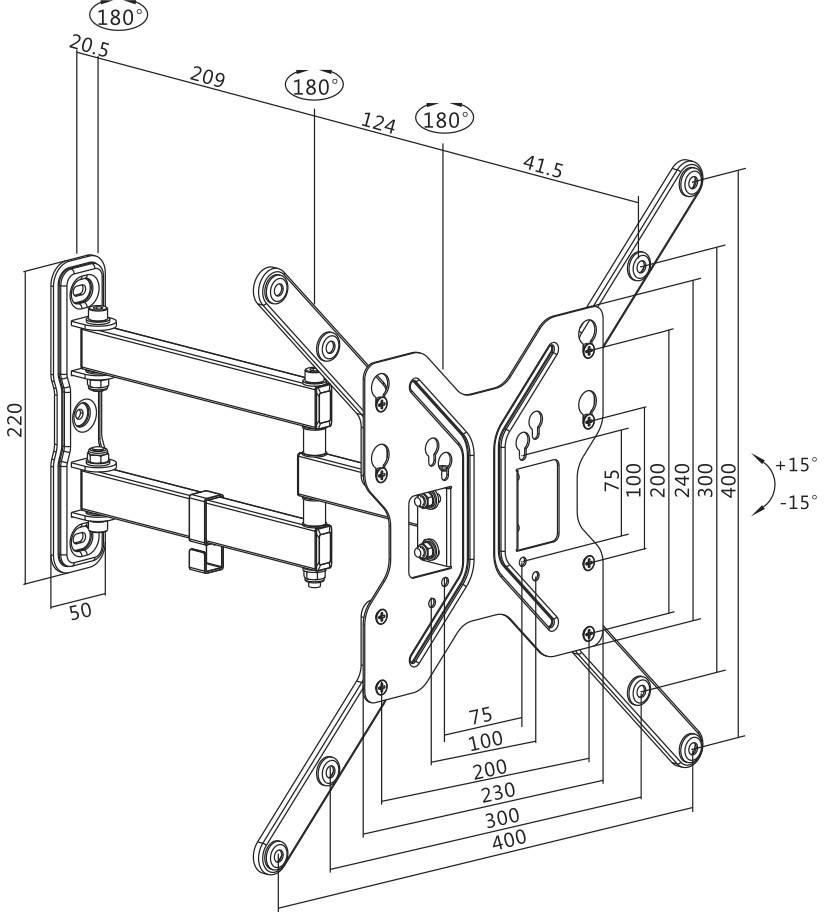 Wandhalterung für TV. Technische Zeichnung zeigt Maße: Höhe 220mm, Breite 50mm, Neigungswinkel ±15°, Schwenkbereich 180° max. Belastung 400x400mm.