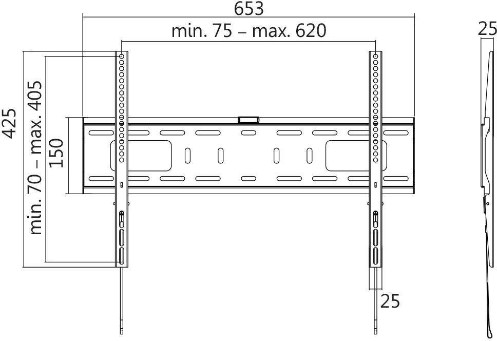 Technische Zeichnung einer TV-Wandhalterung mit Maßangaben in Millimetern: Breite 653, höhenverstellbar 70–405, seitlich 25 mm tief.
