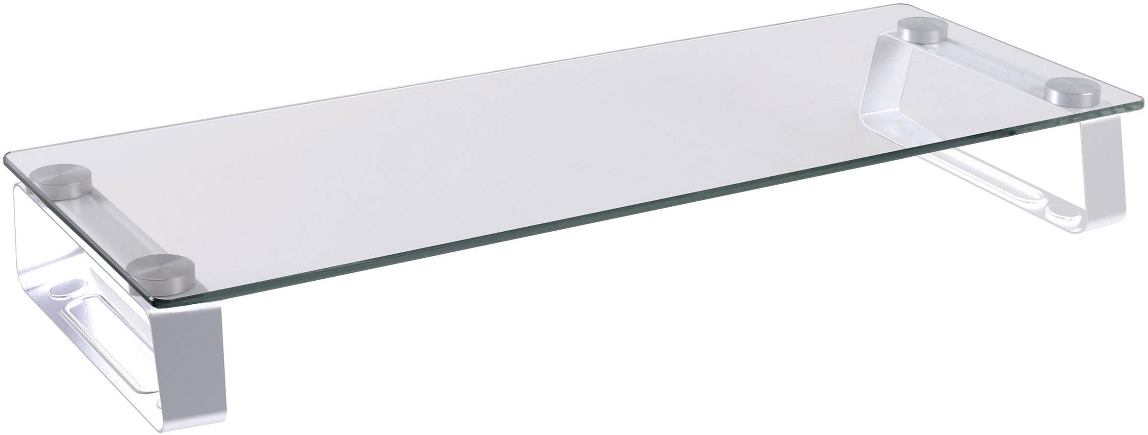 Glascomputerständer mit transparentem Bildschirm. Erhöht Monitore für bessere Sichtbarkeit und Ergonomie.