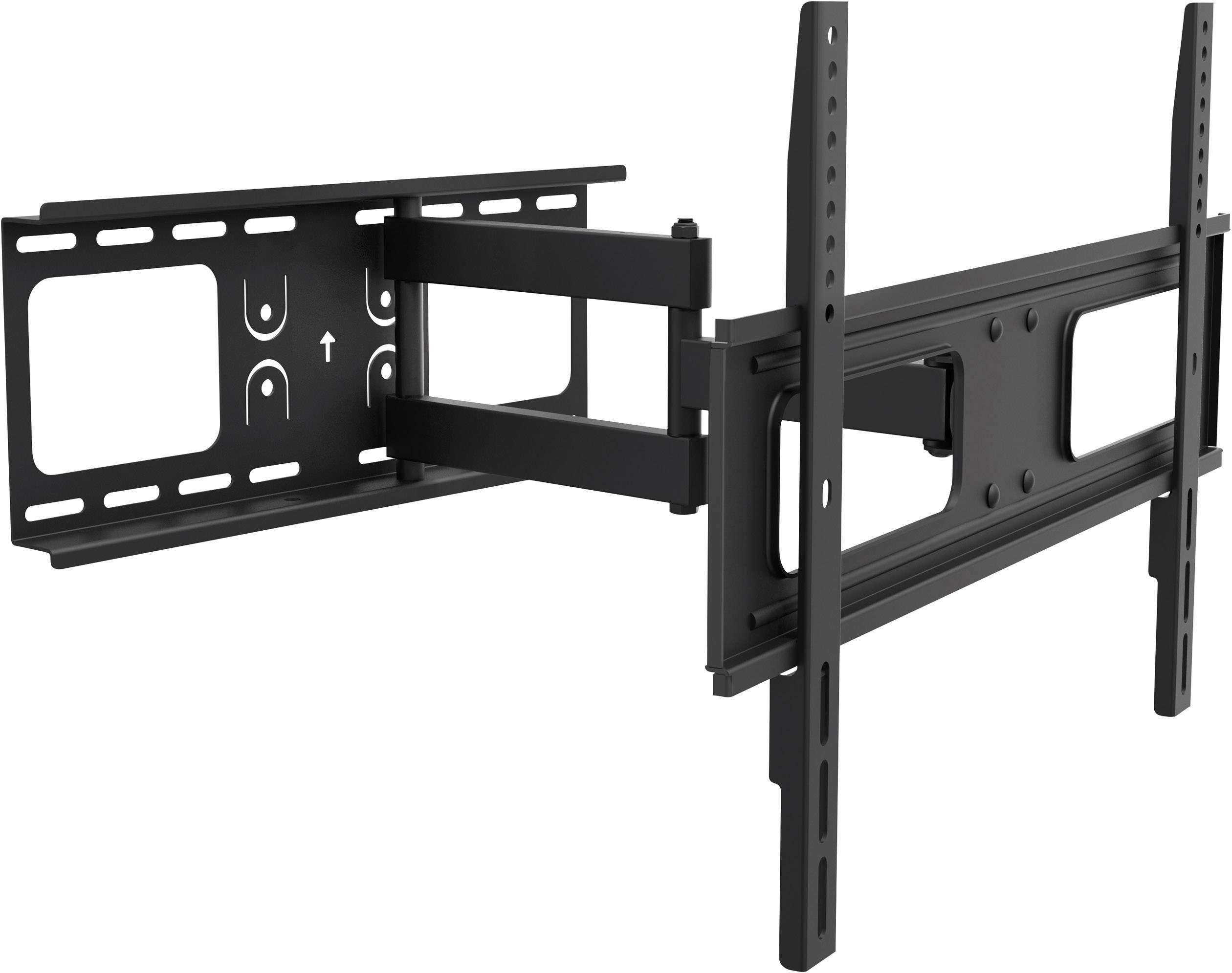 Verstellbare schwarze TV-Wandhalterung mit Schwenkarm, geeignet für flache Bildschirme, zeigt verschiedene Bewegungsoptionen.