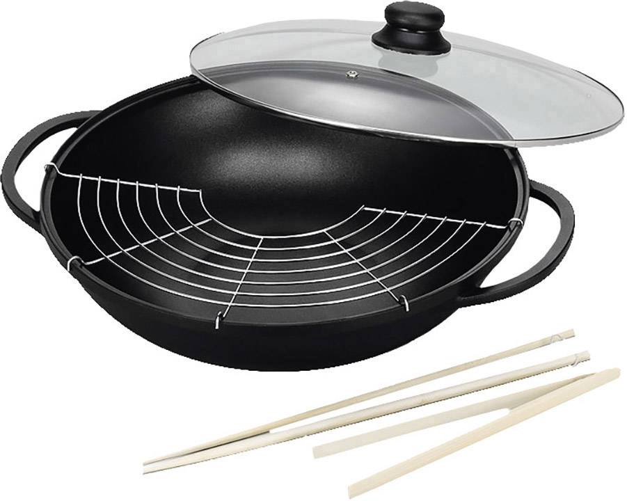 Aluguss-Wok mit Glasdeckel, 36 cm