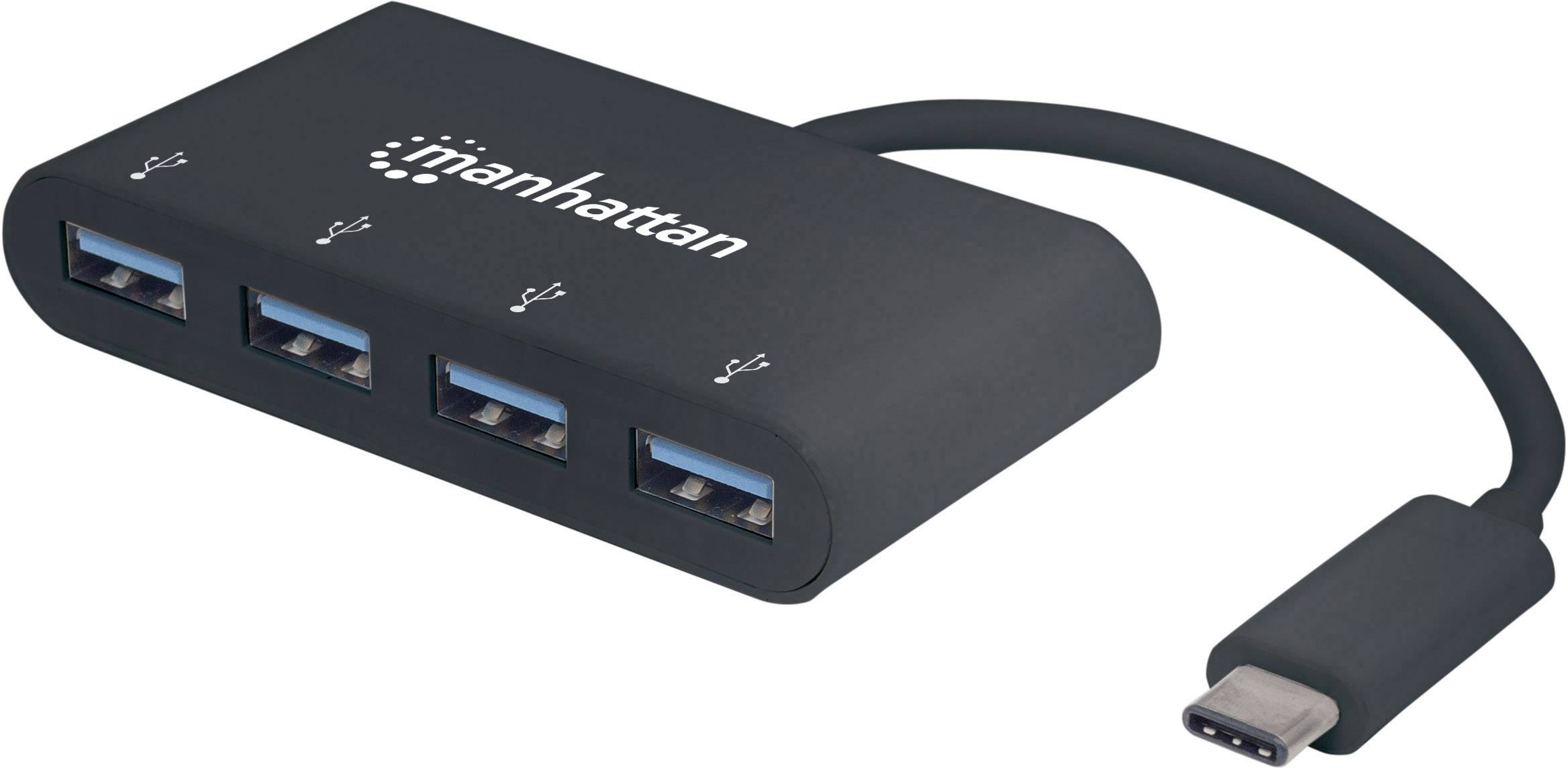 Ein schwarzer USB-Hub der Marke 'Manhattan' mit vier USB-Anschlüssen und einem USB-C-Kabel.