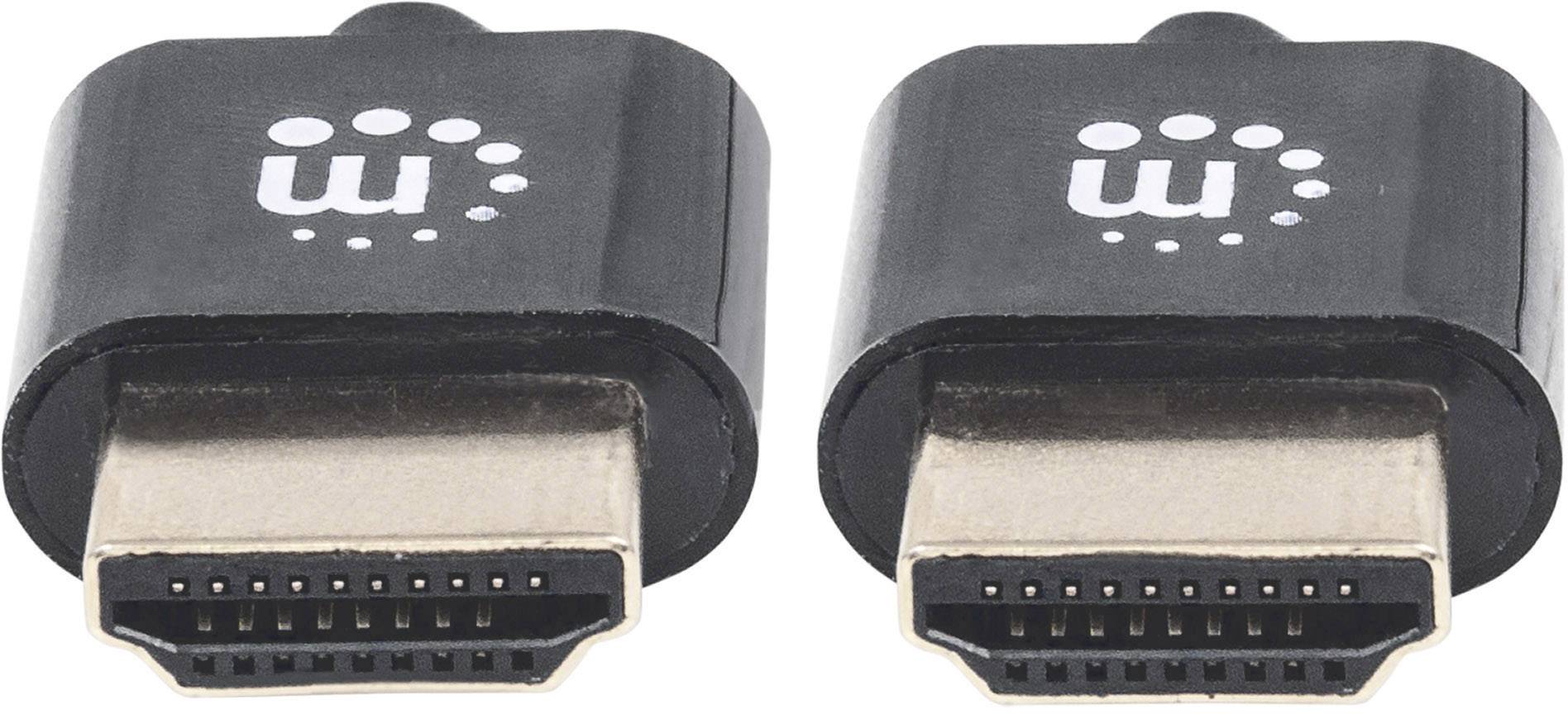 Zwei schwarze HDMI-Stecker nebeneinander, mit einem weißen Symbol auf jedem Stecker.