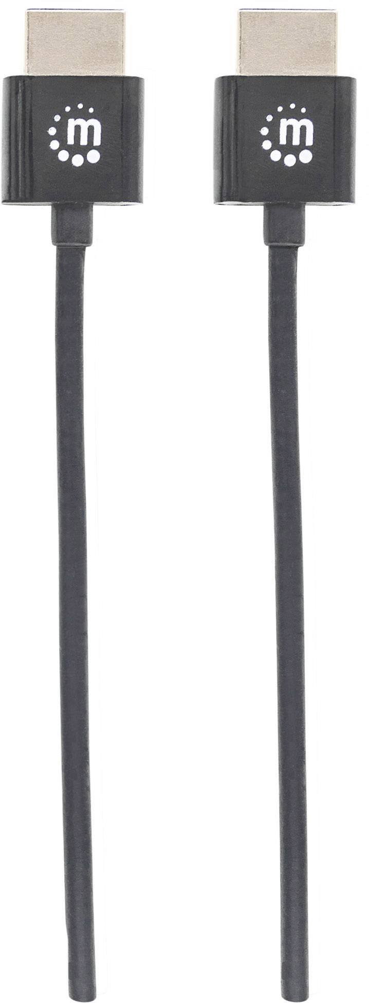Zwei schwarze HDMI-Kabel mit rechteckigen Anschlüssen und einem 'm'-Logo auf den Steckern, nebeneinander liegend.