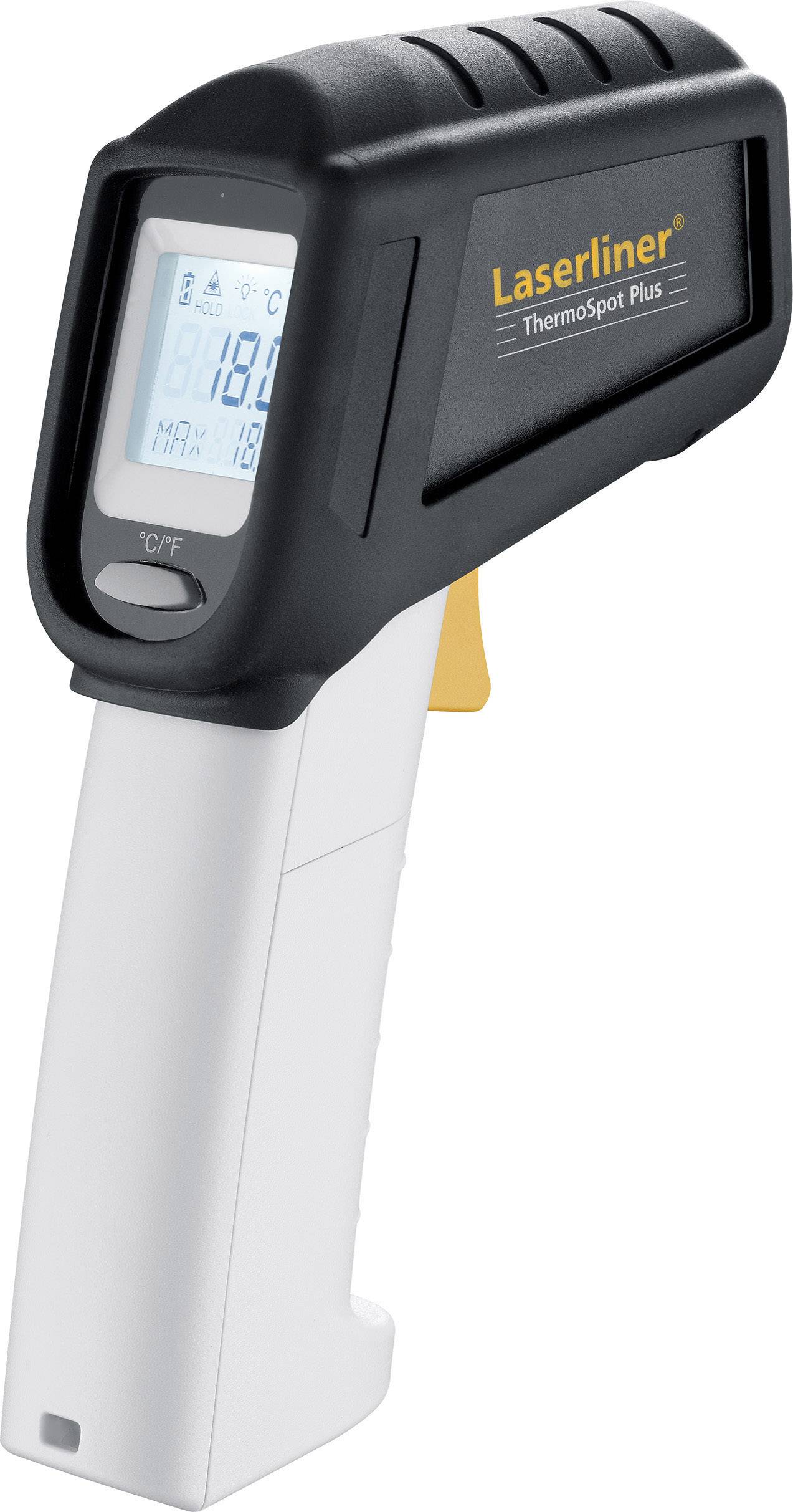Ein Infrarot-Thermometer mit digitalem Display zeigt 18°C an. Ergonomischer Griff für einfache Bedienung.