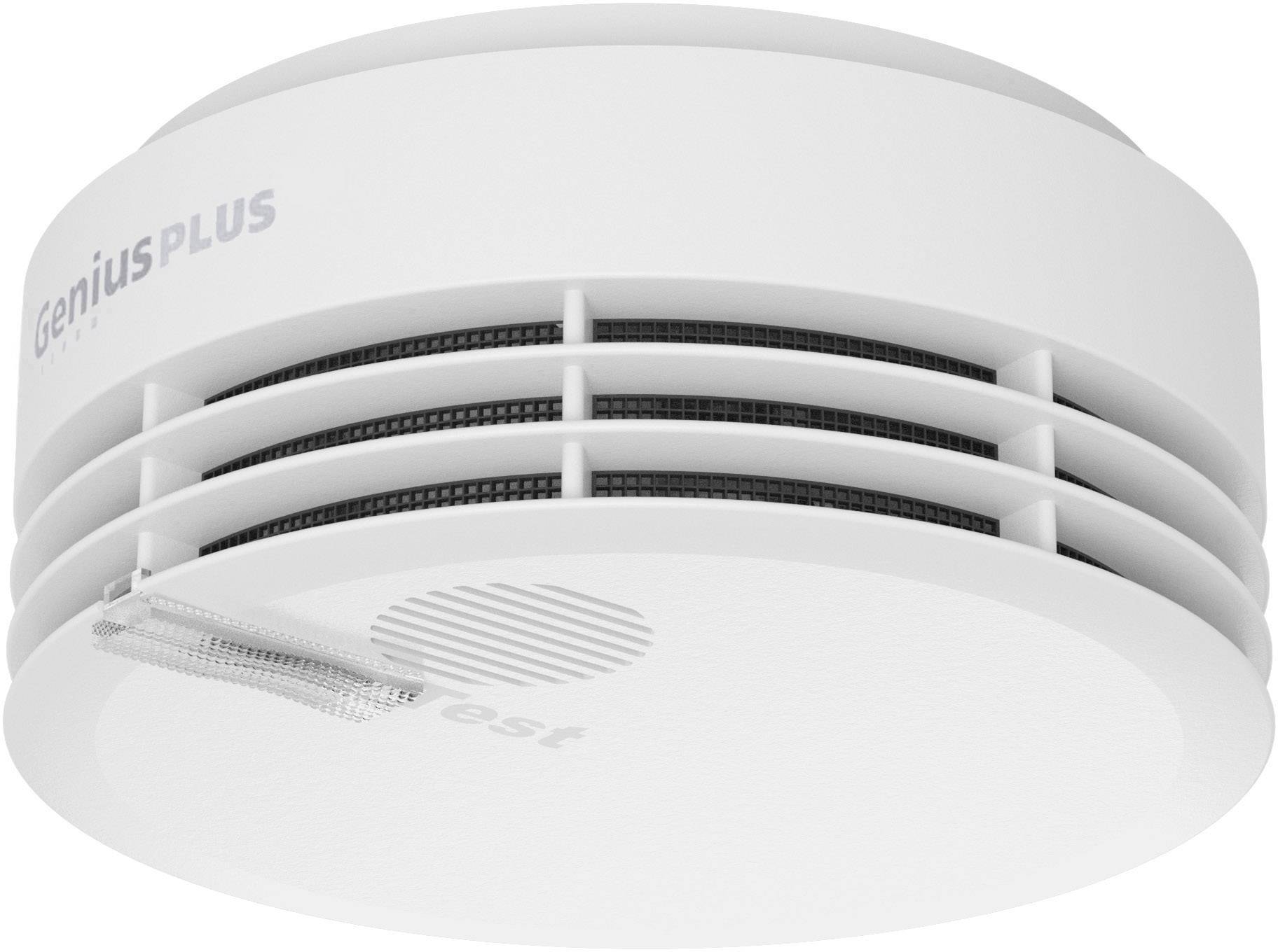 Ein Rauchmelder der Marke 'geniusPLUS', weiß, mit seitlichen Lüftungsschlitzen, befestigt an einer Deckenfläche.