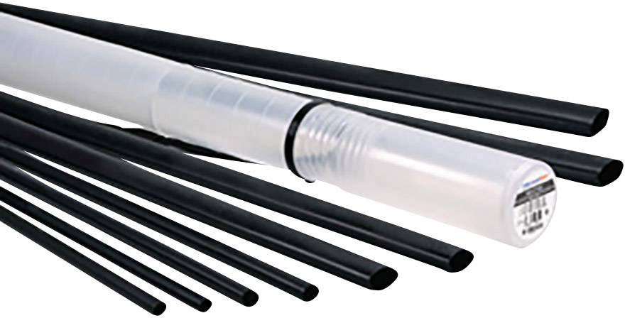 Schwarze Schrumpfschläuche verschiedener Größen und ein durchsichtiger Aufbewahrungsbehälter.