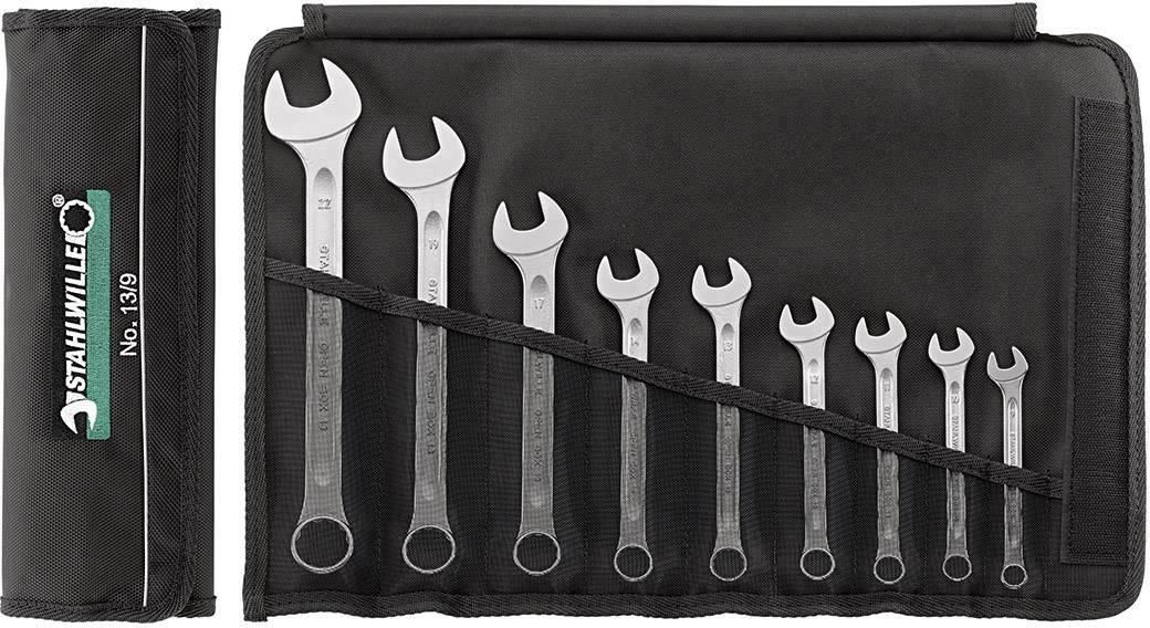 'Satz Metall-Ringschlüssel in einer schwarzen Werkzeugtasche, aufsteigend von klein nach groß angeordnet, Marke 'Stahlwille'.'