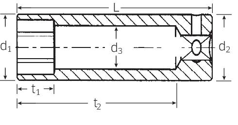 Technische Zeichnung eines zylindrischen Bauteils mit zwei Durchmessern (d1, d2) und zwei Längen (t1, t2), dimensioniert und schraffiert.