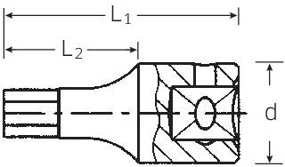 Technische Zeichnung eines zylindrischen Fräswerkzeugs mit Markierungen für Längen (L1, L2) und Durchmesser (d).