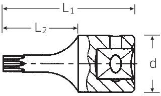 Technische Zeichnung eines Werkzeugs mit markierten Abmessungen L1, L2 und d. Zeigt Details eines Mehrkant-Ansatzes mit Schraubenkopf.
