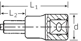 Technische Zeichnung eines zylindrischen Werkzeugs mit zwei Längenmaßen 'L1' und 'L2' sowie einem Durchmesser 'd'.
