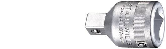 Metalladapter für Steckschlüssel mit quadratischem Anschluss auf der linken Seite, zylindrisch geformt, mit eingeprägtem Markennamen.