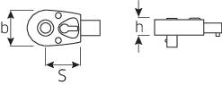 Technische Zeichnung eines Bauteils mit zwei Ansichten: Draufsicht zeigt Maße 'b' und 'S', Seitenansicht zeigt Maß 'h'.