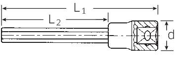 Technische Zeichnung von einem Stift mit Maßen L1, L2 und d, die verschiedene Dimensionen angeben. Hauptteil rechts, Spitze links.