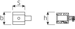 Technische Zeichnung eines zylindrischen Teils mit Maßangaben: Breite (b), Höhe (h), und Abstand (S). Darstellung in zwei Ansichten.
