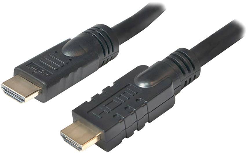 Ein schwarzes HDMI-Kabel mit zwei Steckern an beiden Enden, das für die Übertragung von Audio- und Videosignalen verwendet wird.