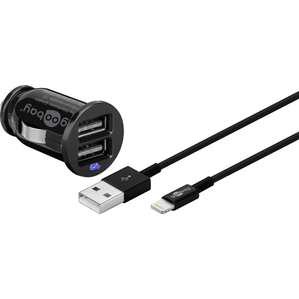 Goobay 71691 USB-Ladegerät 10.5 W KFZ Ausgangsstrom (max.) 2.1 A Anzahl Ausgänge: 2 x USB 2.0 Buchse A, Apple Lightning-Stecker Auto-Detect