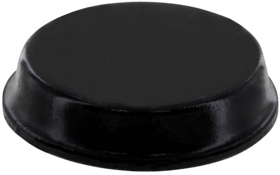 Ein runder, flacher schwarzer Knopf oder Deckel ohne erkennbare Merkmale auf einer weißen Hintergrundfläche.