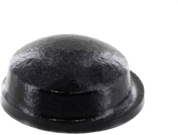 Ein glänzender, runder schwarzer Metallknopf mit glatter Oberfläche, leicht nach oben gewölbt.