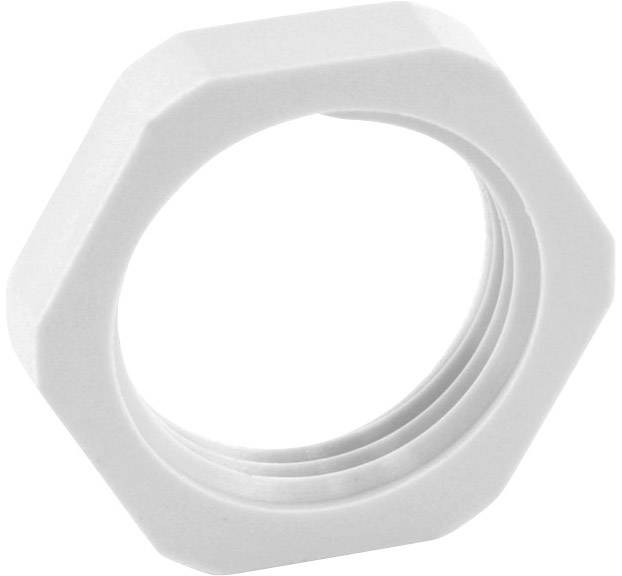 Weiße, sechseckige Mutter aus Kunststoff, geöffnet. Verwendet zum Fixieren oder Befestigen in mechanischen oder Sanitäranwendungen.