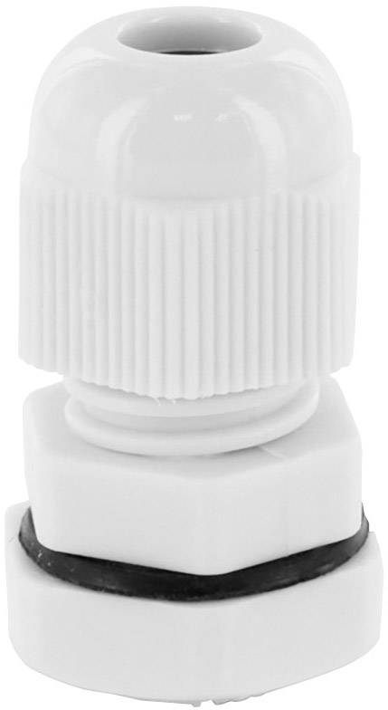 Weiße Kabelverschraubung aus Kunststoff, zylindrisch mit geriffeltem Gehäuse, zur sicheren Fixierung und Abdichtung von Kabeln.